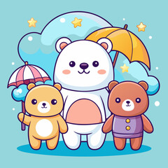Cute Cartoon Bears in Kawaii Style with Pastel Colors and Cheerful Expressions
