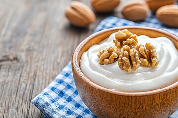 Fototapeta premium A bowl of plain yoghurt with a drizzle of honey and walnuts on top