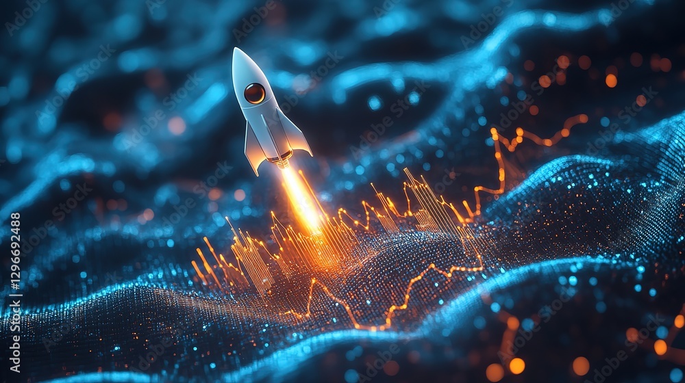 Poster new project and startup concept with rocket flying up with dotted trajectory above light growth grap