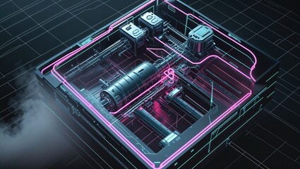 Obraz premium Intricate machinery glows with vibrant patterns against a dark background, creating a striking sci-fi atmosphere. This futuristic design showcases advanced technology and innovative elements