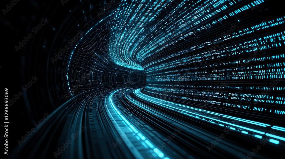 Aufkleber futuristic tunnel with glowing blue lines and binary code, creating sense of speed and technology. d