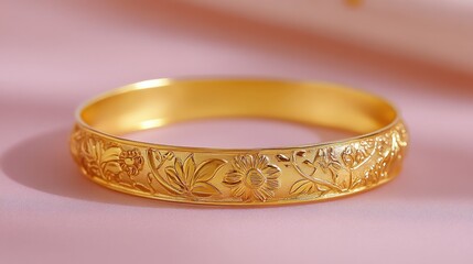 Elegant gold choker necklace with detailed engravings resting on a smooth pink surface