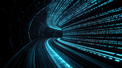 Fototapeta premium futuristic tunnel with glowing blue lines and binary code, creating sense of speed and technology. design evokes digital landscape, emphasizing innovation and modernity