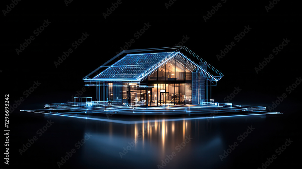 Poster futuristic building visualized holographic style, showcasing modern architecture and innovative desi