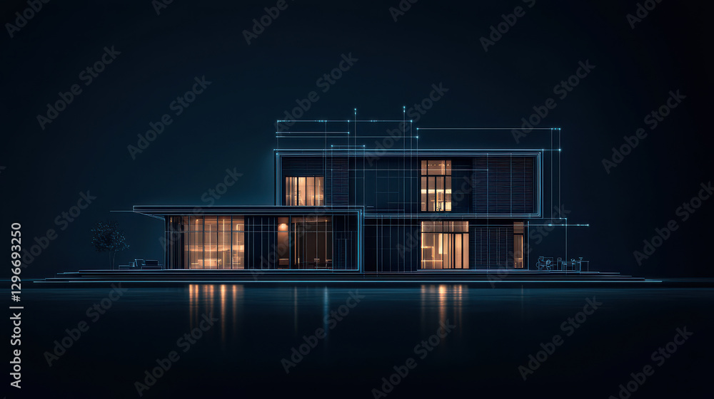 Poster futuristic building visualized in holographic style, showcasing sleek lines and modern architecture.