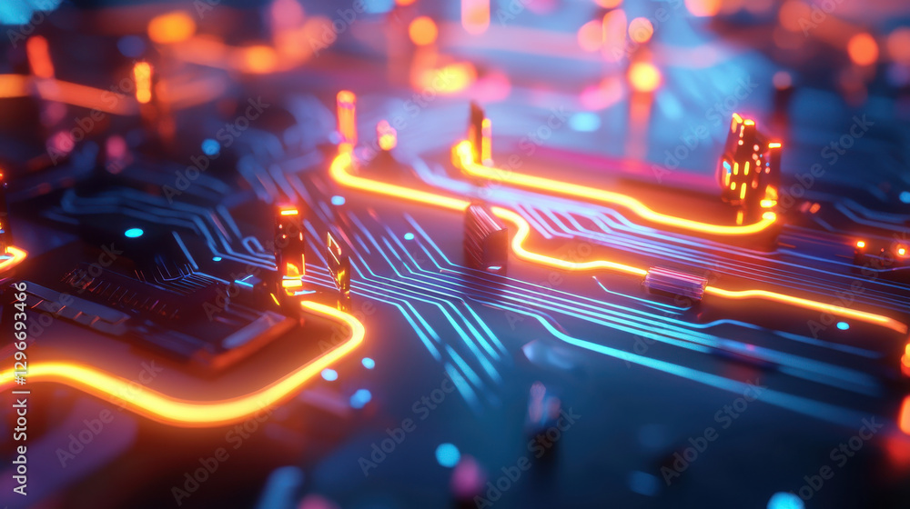 Aufkleber vibrant close up of futuristic circuit board with glowing lines and components, showcasing advanced 