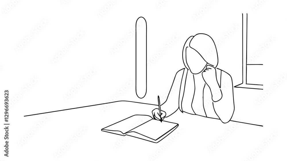 Poster a minimalist line drawing depicts a woman seated at a desk, thoughtfully writing in a notebook with 