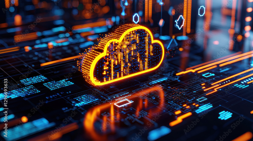Poster futuristic scene depicting cloud computing with glowing data streams and digital elements, showcasin