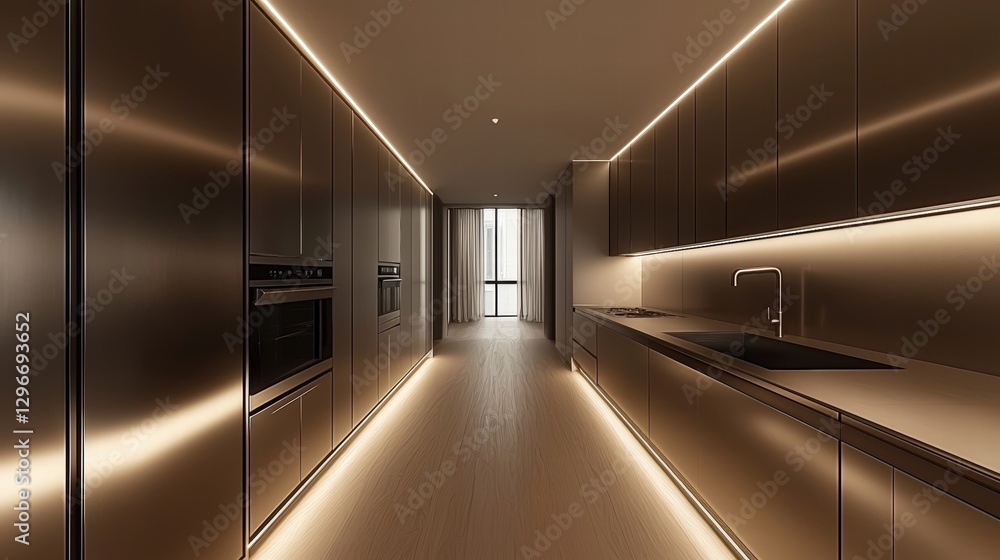 Poster long narrow kitchen showcasing contemporary design with efficient use of space and functionality