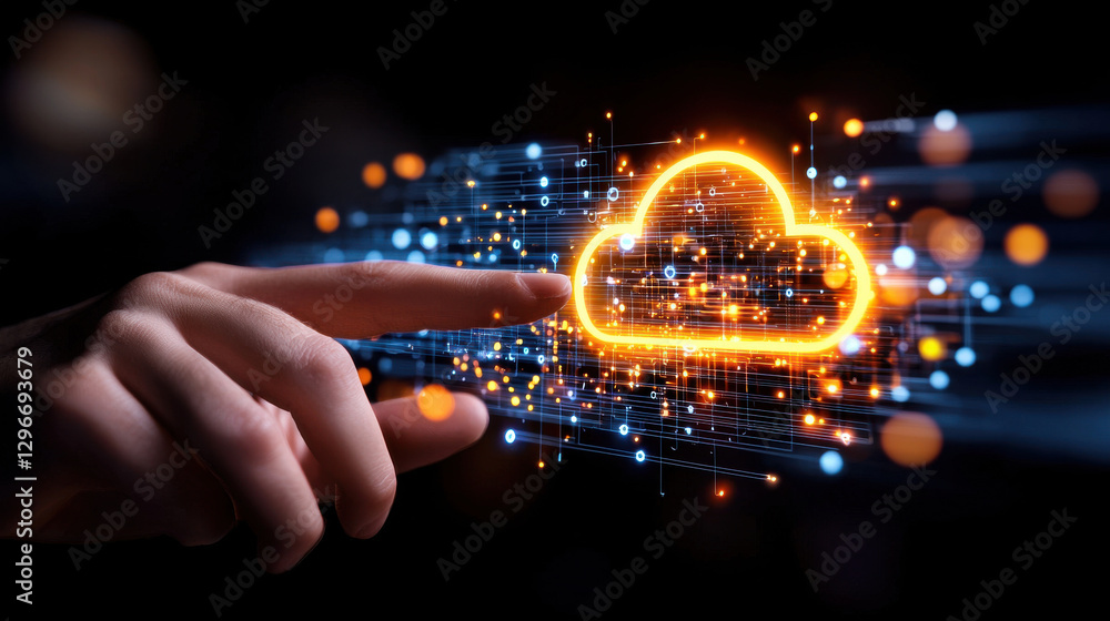 Aufkleber hand reaching towards glowing cloud symbol, representing cloud computing technology and digital conn