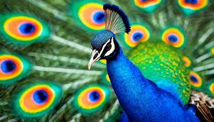 The image shows a close-up of a peacock's head and neck with its vibrant feathers spread out behind it.