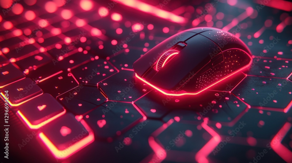 Poster gaming mouse and keyboard with neon red lighting for esports setup