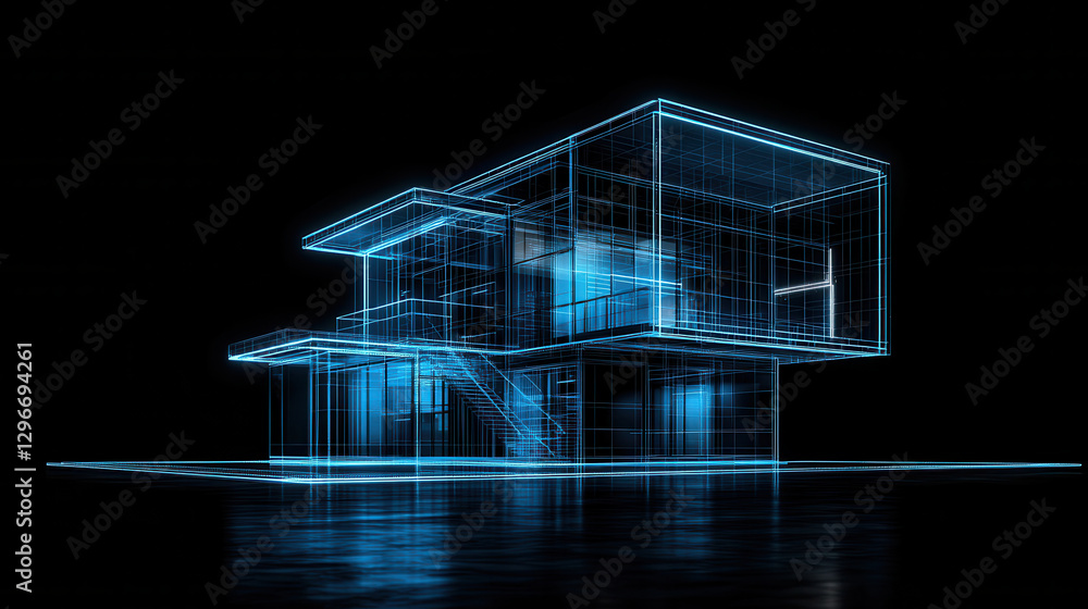 Poster futuristic building design rendered in digital wireframe style, showcasing sleek lines and glowing e