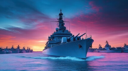 Navy warship sailing at sunset with fleet in background