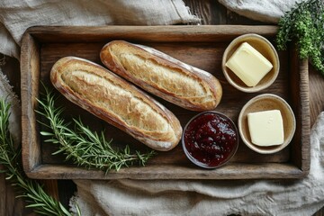 Freshly baked baguettes with butter and berry jam on a rustic wooden tray, garnished with rosemary and thyme