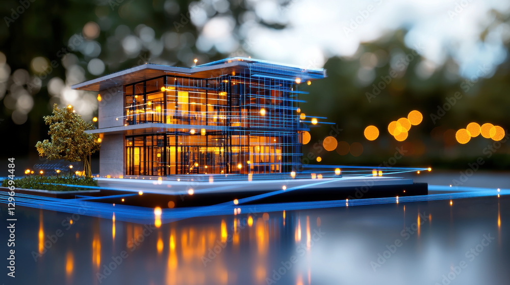 Poster high quality digital render of futuristic building with sleek lines, illuminated windows, and modern
