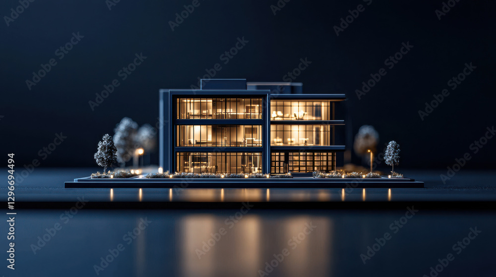 Poster high quality holographic render of modern building showcasing intricate architectural details and wa
