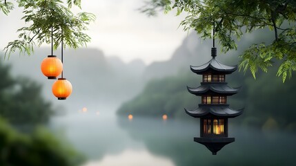 Tranquil and serene Asian pagodas framed by a misty landscape with soft glowing lanterns creating a captivating and atmospheric scene