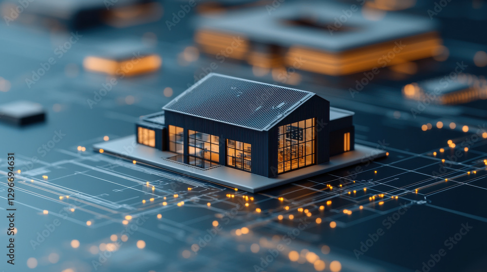 Poster modern building model on digital blueprint with glowing elements, showcasing architectural design an