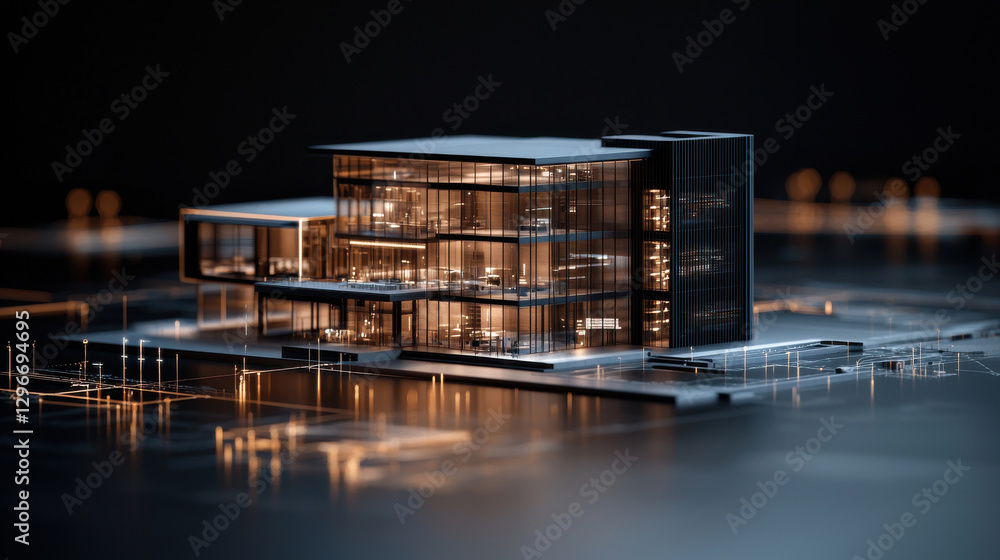 Poster high quality holographic render of modern building showcasing sleek architecture and illuminated int
