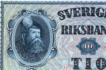 Vintage elements of old paper banknotes.Bonistics.10 Swedish Kroner (SEK)1955,from Sveriges Riksbank.Fragment banknote for design purpose.