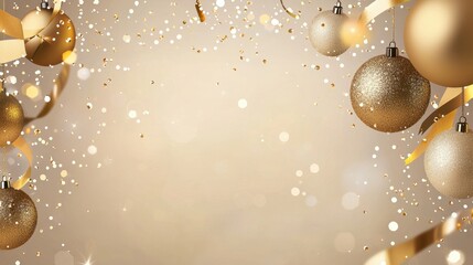 Festive Golden Background with Shiny Baubles and Ribbon for Celebration, Party, or Holiday Occasions in a Warm and Cheerful Atmosphere