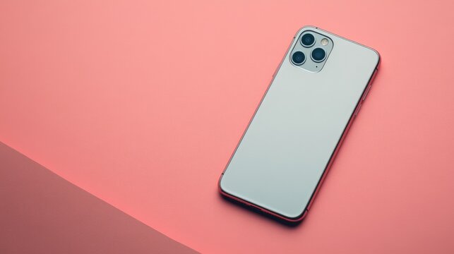 Flat lay of a smartphone with metallic edges on a pastel pink surface