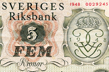 Vintage elements of old paper banknotes.Bonistics.10 Swedish Kroner (SEK)1948,from Sveriges Riksbank.Fragment banknote for design purpose.