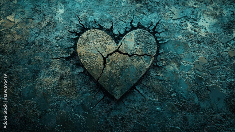 Poster a broken 3d heart design with cracks and dramatic lighting for emotional themes.