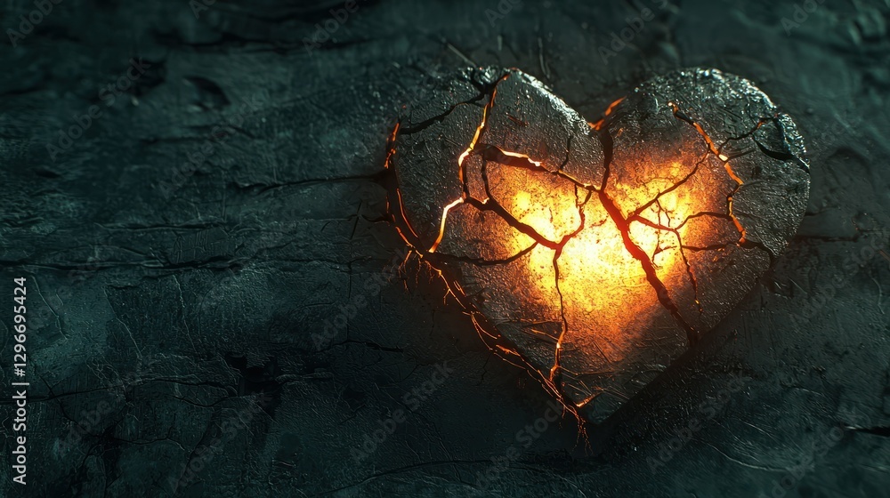 Aufkleber a broken 3d heart design with cracks and dramatic lighting for emotional themes.