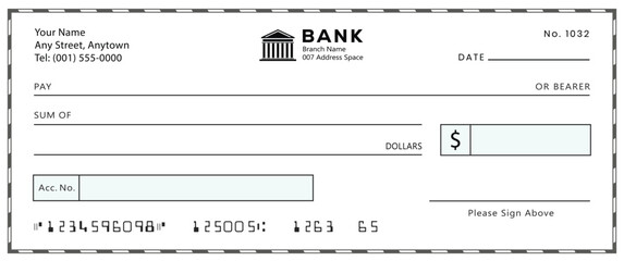 Bank check, vector blank money cheque, checkbook template with guilloche pattern and fields. Currency payment coupon, money check background