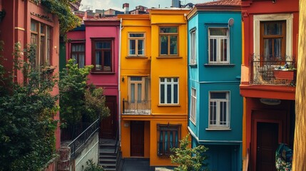Fototapeta premium Colorful historic houses in a vibrant neighborhood, showcasing charming architecture and greenery