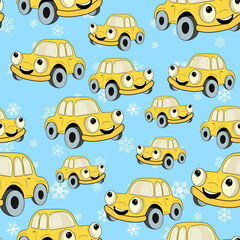 Seamless pattern with cute car on color background. Cartoot transport. Vector illustration. Doodle style. Design for baby print, invitation, poster, card, fabric, textile.