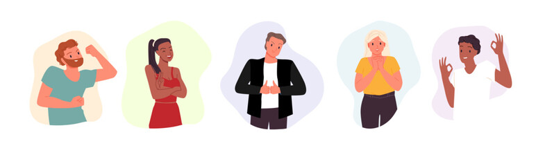 confident people male female character exude confidence self-assuredness posing strong posture illustration clipart