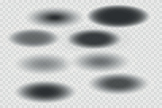 Different realistic round shadow, soft shapes on transparent background. Gray circular and ellipse shadows set. Vector illustration.