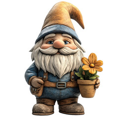 A gnome holding a flower in a pot