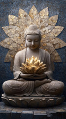 Buddha holding a gold lotus in a mystical atmosphere