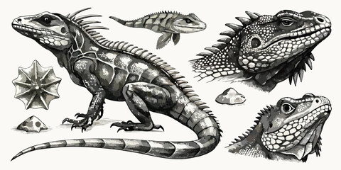 Vintage Scientific Illustration – Detailed Iguana Anatomy with Fossils and High Contrast Ink Drawing © Najmul Design Hub