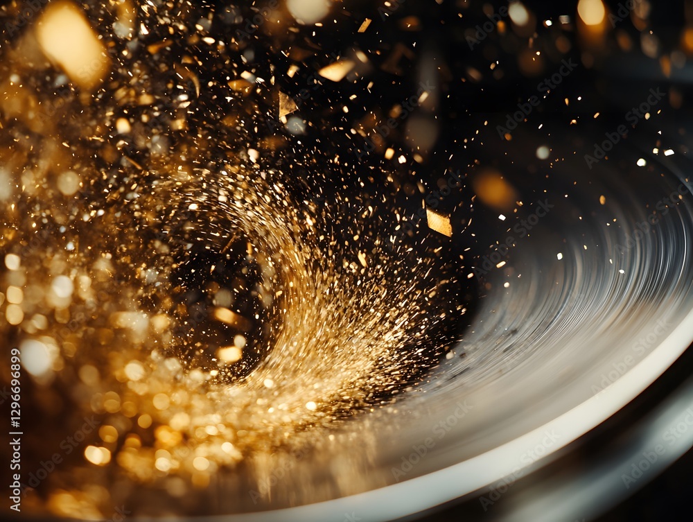 Poster dynamic golden particles spiral on a dark background