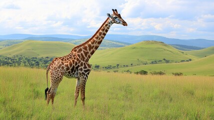 Obraz premium Giraffe in the foreground with rolling grassland and distant hills in the background
