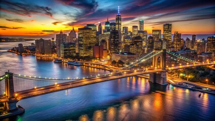 Fototapeta premium Night Aerial View of Brooklyn Bridge & Manhattan Skyline