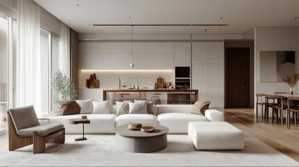 Open-concept modern apartment living space with a neutral color palette and sophisticated white furniture.