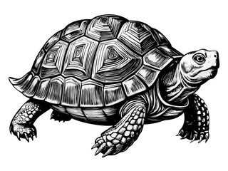 Fototapeta premium Detailed Black and White Turtle Sketch – Realistic Tortoise Drawing with Intricate Shell Texture