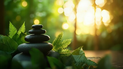 Balanced Stones Surrounded by Lush Green Leaves and Soft Morning Light in Nature