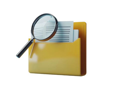 3D Rendered Yellow Folder with Magnifying Glass and Documents on transparent background Generative Ai