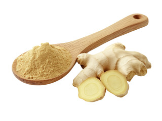 Ginger roots and powder with wooden spoon isolated pngg on transparent background