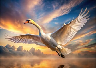 Majestic Swan in Flight: Vintage Photography, Bird in Air, Wildlife, Avian Beauty, Retro Style, Classic Image