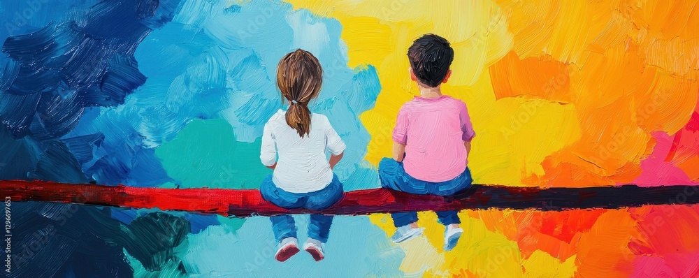 Poster children playing playground interaction concopt. two children sit side by side on a red line against