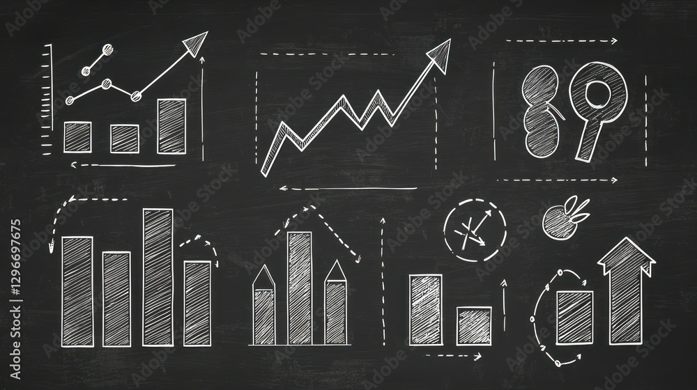 Poster a chalkboard-style icon set, with business elements like graphs, charts, and arrows.
