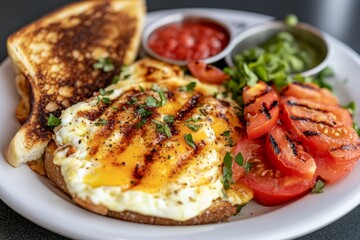 A classic American diner plate with scrambled eggs, toast, and grilled tomatoes on the side